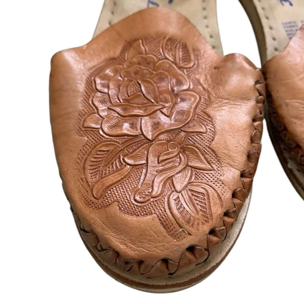 Tan Leather Sandals with Floral Tooled Embroidery and Ankle Straps